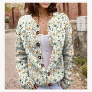 Women's Floral Button-Front Cardigan Sweater White w/ Yellow & Blue Flowers NEW